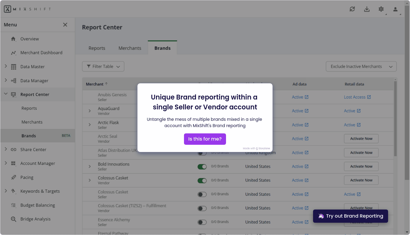 Unique Brand Reporting demo for multi-brand reporting from a single Seller or Vendor account